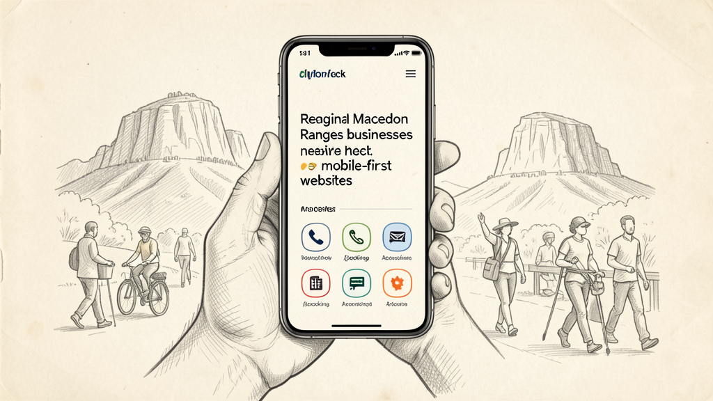 Pencil drawing of a mobile-first website on a phone in the Macedon Ranges