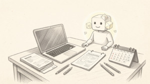 Pencil drawing of a small business desk with AI tools helping organise work