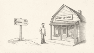 Pencil drawing comparing a sturdy website storefront with a fragile social media signpost