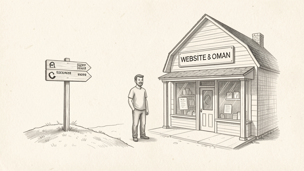 Pencil drawing comparing a sturdy website storefront with a fragile social media signpost