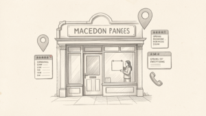 Pencil drawing of a local shopfront with map pin and review symbols