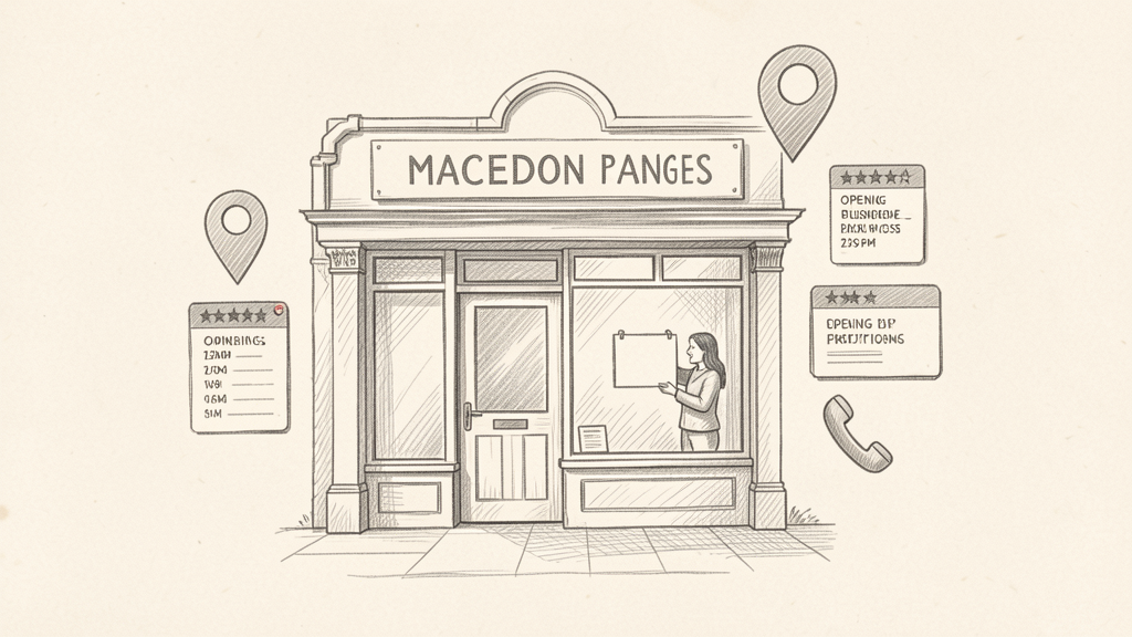 Pencil drawing of a local shopfront with map pin and review symbols