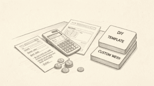 Pencil drawing of a website budget plan with calculator and design options