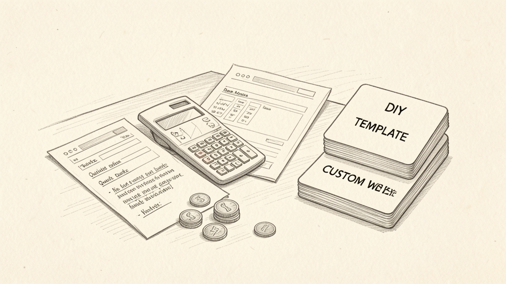 Pencil drawing of a website budget plan with calculator and design options
