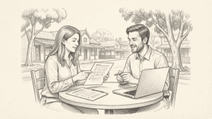 Pencil drawing of a business owner comparing web design plans in regional Victoria