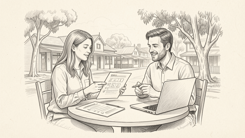 Pencil drawing of a business owner comparing web design plans in regional Victoria