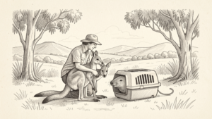 Pencil drawing of a wildlife rescue volunteer helping native animals in the Macedon Ranges