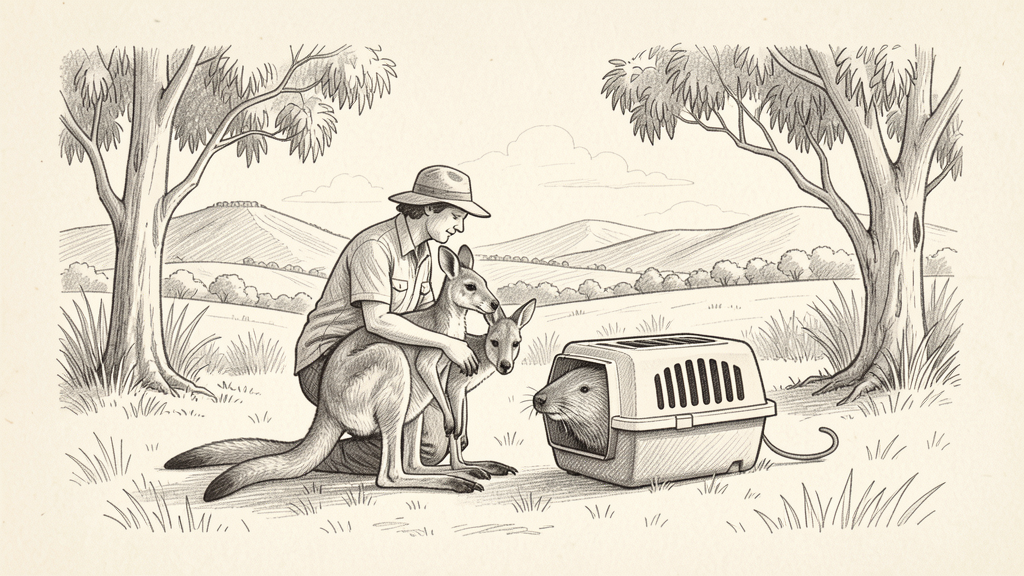 Pencil drawing of a wildlife rescue volunteer helping native animals in the Macedon Ranges