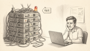 Pencil drawing of overloaded web hosting servers and a frustrated business owner