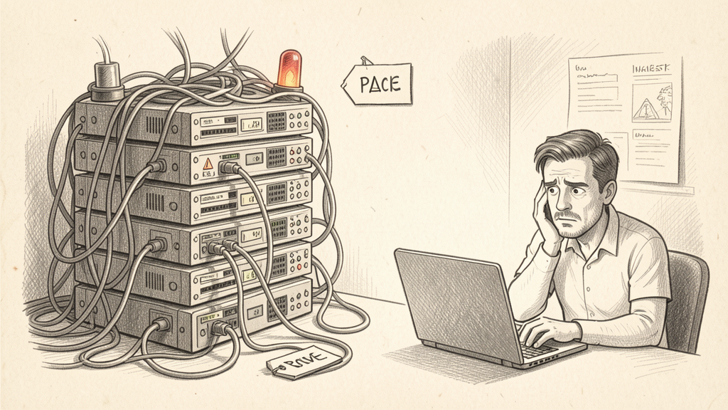Pencil drawing of overloaded web hosting servers and a frustrated business owner